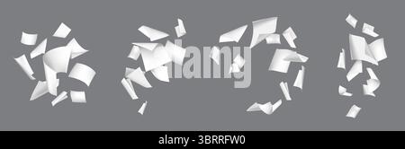 Flying white paper sheets. Blank paper groups chaotic floating in air. 3D realistic throwing office document, notebook pages blowing, scatter file sheets. Vector mockups. Stock Vector