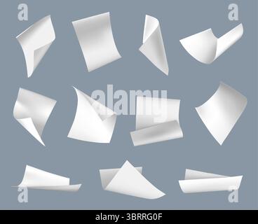 Flying paper. Curled blank white paper sheets floating in air and falling down. 3D realistic A4 letter document, note pages blow wind, scatter sheets. Vector isolated set. Stock Vector
