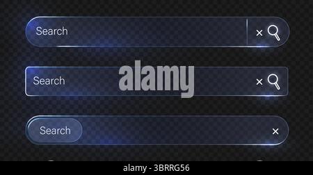 Glass search bar. Transparent plastic website ui, search internet box, browser engine text field, navigation bar with push button. Interface web element vector templates. Stock Vector