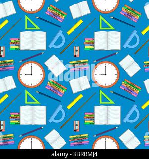 Seamless pattern with books, clocks, pencils, rulers, sharpeners and subject labels on blue background. For back to school theme, school supplies or s Stock Vector