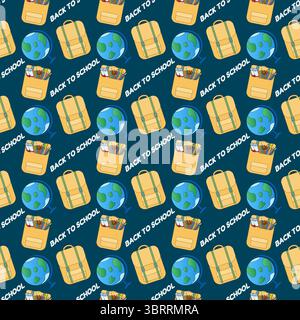 Seamless pattern with backpacks, globes, art supplies and chalk lettering on dark blue background. For back to school theme, school supplies or statio Stock Vector