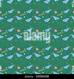Playful seamless pattern with paper planes, equations, hearts and school supplies on green background. For back to school theme, office supplies, stat Stock Vector