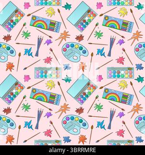 Seamless pattern with watercolor sets, pencils, brushes, palettes, and paint splashes on pink background. For back to school theme, school supplies or Stock Vector