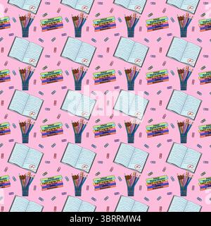 Seamless pattern with notebooks, books, pencils, paper clips illustration on pink background. For back to school theme, school or office supplies, sta Stock Vector