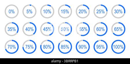 Percentage infographics. Round diagrams icons from 0 to 100 percent. Grey, blue color fill divided pie charts indicator. Circle graph loading progress Stock Vector