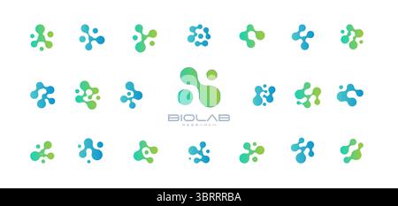 Biotech Logo Collection With Abstract Molecular Shapes, Science And Innovation Concept In Green Blue Gradient Style. Modern Laboratory Branding Stock Vector