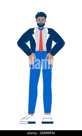 Confident black businessman standing with hands on hips 2D doodle character Stock Vector