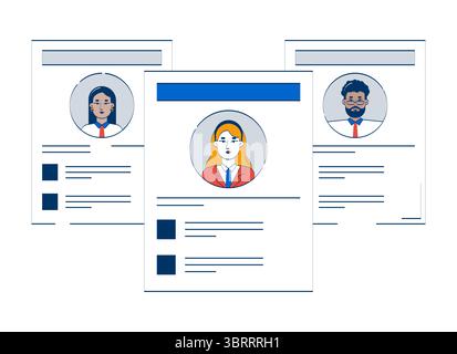 Job resume paper sheets with diverse candidates profiles 2D doodle object Stock Vector
