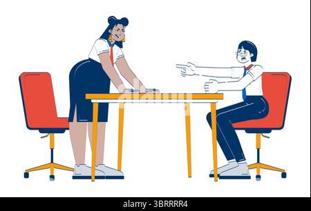 Workplace conflict between colleagues at meeting table 2D doodle characters Stock Vector