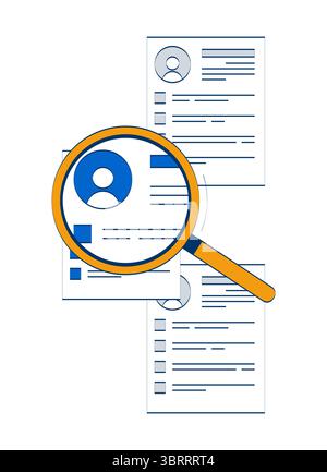Candidate search with magnifying glass over resumes 2D doodle object Stock Vector