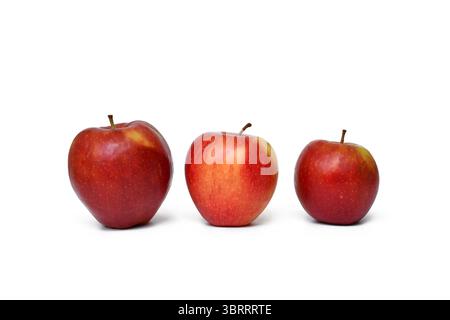 Three red apples in different sizes. Concept of comparison, growth, and natural variation in fruit Stock Photo