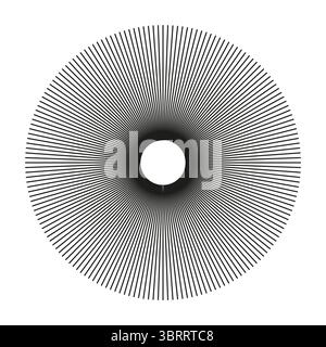 Radial circle lines. Spokes with radiating stripes. Circular lines black element. Symbol of Sun star rays. Flat design simple element. Abstract Stock Vector