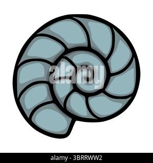 A stylized vector illustration of a nautilus shell with a segmented, layered design in cool blue tones, featuring bold black outlines for a striking g Stock Vector