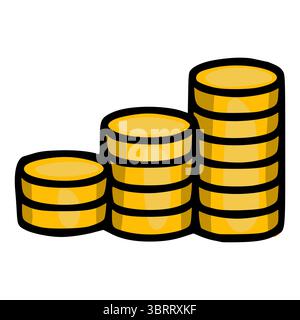 A vector illustration of three stacks of gold coins increasing in size, representing growth and financial success, with a bold black outline and vibra Stock Vector