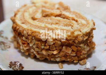 Rolled sponge cake slice with cream layers and chopped nuts, photographed on a decorative plate, concept of homemade dessert Stock Photo