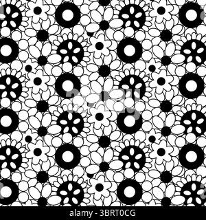 seamless retro pattern with flowers. Vector graphic line illustration. Banner, poster, wrapping paper, sticker, print, modern textile design. Stock Vector