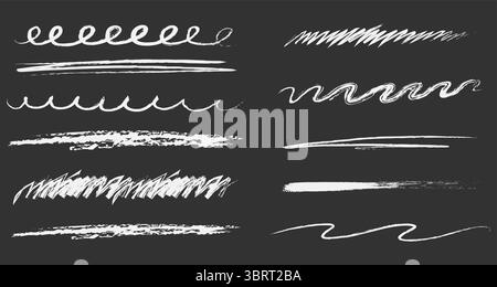 Chalk underline on blackboard line stroke, scribble hand drawn sketch texture. Doodle white crayon on black background. School marks, grunge set border free hand design elements. Vector illustration Stock Vector
