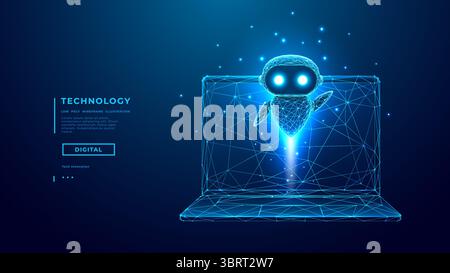 AI agent bot flying out of digital laptop. Robot assistant Stock Vector