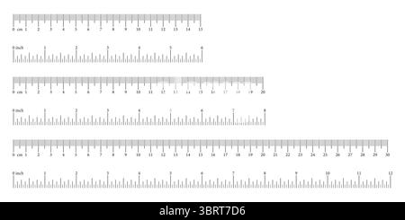 Measuring tools, scales icons. Inch, metric rulers. Scale for ruler in centimeters, inches. Metrics indicators cm, inch.  Stock Vector