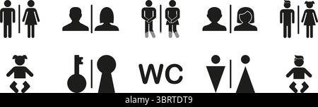 Restroom And Gender Symbols Solid Icon Set. Male, Female, Unisex, And Child Bathroom Sign Silhouette Symbol Collection. Public Facility And Stock Vector