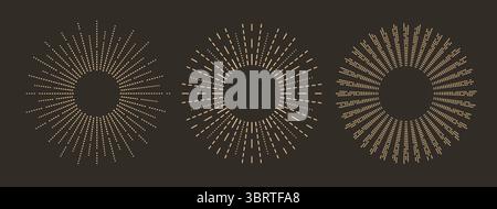 Linear gold sparkle sun, sunburst, sunbeam, firework, star. Trendy bohemian vintage vector round shapes, explosion symbol. Stock Vector