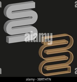 Isometric letter S. Metallic grey block. Hollow bronze Vector. Black backdrop contrast. Stock Vector
