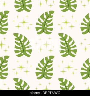 Seamless pattern with monstera leaf and tiny star in polka dot order in flat cartoon style. Trendy tropical design perfect for summer fabric, wrapping Stock Vector