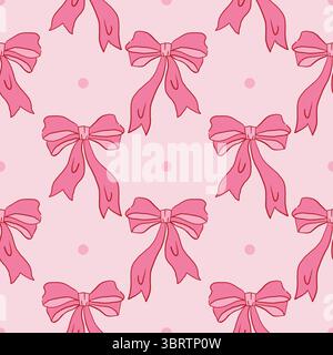 Pink seamless pattern with ribbon bow and tiny dot in polka dot order in hand-drawn coquette style. Feminine and cute design perfect for fabric, wrapp Stock Vector