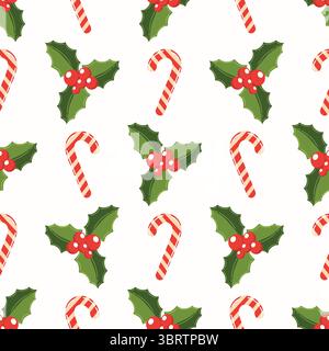 Seamless pattern with holly berry and candy cane in polka dot order for Christmas, in flat cartoon style. Festive and cheerful design perfect for wrap Stock Vector