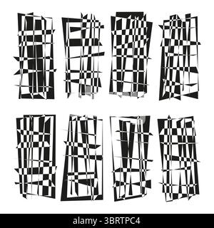 Abstract rectangular shapes. Distorted grid patterns. Geometric striped forms. Vector grunge elements. Stock Vector