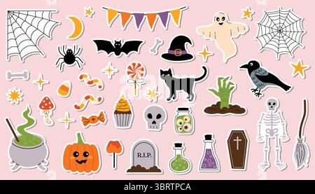 Set of Halloween sticker in flat cartoon style with skeleton, candy, spider web, zombie hand, cauldron, and black cat. Fun spooky design perfect for k Stock Vector