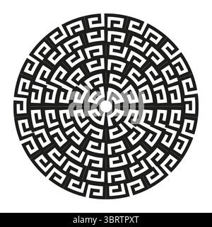 Circular meander pattern. Black geometric shape. Greek key ornament. Vector maze illustration. Stock Vector