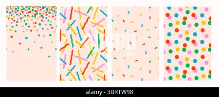 Confetti seamless pattern set with colorful wavy stripes, curved shapes, and polka dots on light background. Vector Confetti patterns. For fabric Stock Vector