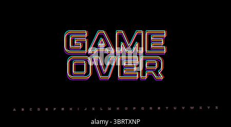 GAME OVER glitched phrase. RGB distorted arcade-style headline for retro interface, pixel fail screen or vaporwave crash display. Vector illustration. Stock Vector