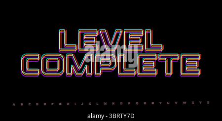 LEVEL COMPLETE glitched RGB word. Cyberpunk arcade-style banner for game interface, success screen, or pixel art design. Vector illustration. Stock Vector