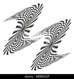 Twin checkered spirals. Slanted optical vortexes. Psychedelic swirling Vector. Distorted chess illusion. Stock Vector