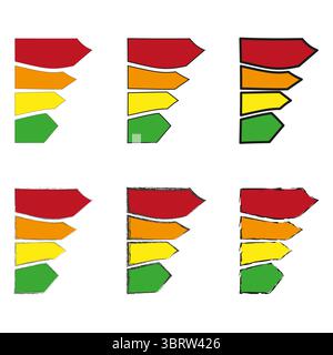 Energy indicator set. Efficiency level arrows. Colorful rating symbols. Vector progress scales. Stock Vector