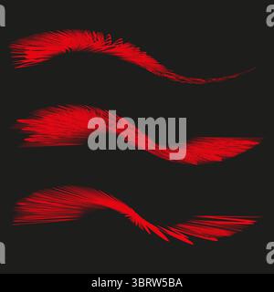 Red feather strokes. Dynamic abstract lines. Curved motion Vector. Black backdrop. Stock Vector