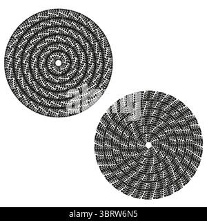Concentric pixel discs. Spiral mosaic rings. Dynamic circular Vector. Detailed black pattern. Stock Vector