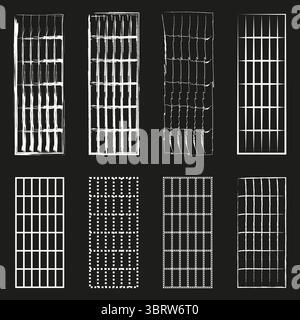 White grid patterns. Distorted line textures. Rectangular lattice forms. Vector grunge elements. Stock Vector