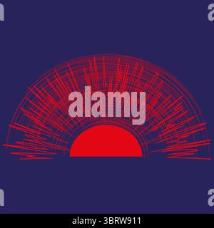 Rising red sun. Radiant line burst. Graphic sunrise Vector. Deep navy sky. Stock Vector