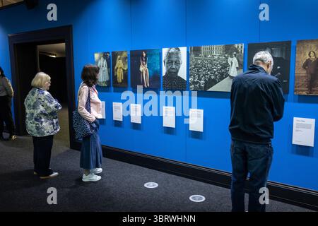 UK, England, Salford, MediaCityUK, NPG, Stories Brought to Life experience interior line of portraits Stock Photo