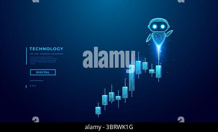 AI agent robot flying above financial chart. Futuristic fintech Stock Vector