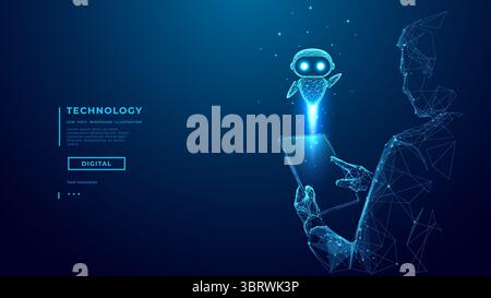 Abstract AI Robot Flying Out of a Tablet Stock Vector