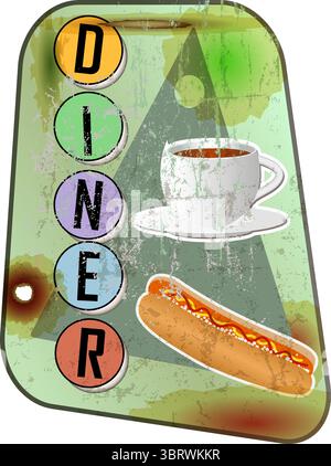 retro american diner sign with hot dog, fast food vintage sign concept, worn and weathered, vector eps Stock Vector
