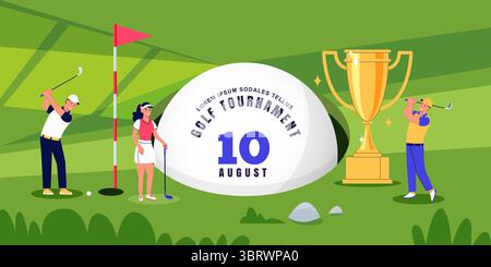 Golf tournament vector illustration. People playing golf on green course, ball in hole and golden trophy. Design elements for sports banner, hobby-the Stock Vector