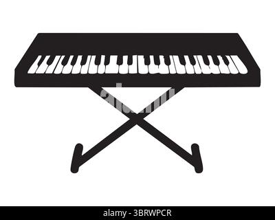 Black silhouette of digital piano or electronic keyboard on X stand isolated on white background, illustration. Concept of music instrument, home stud Stock Vector