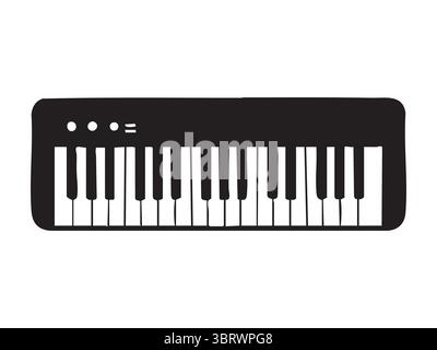 Black silhouette of electronic keyboard piano with control buttons isolated on white background, graphic illustration. Concept of digital music instru Stock Vector