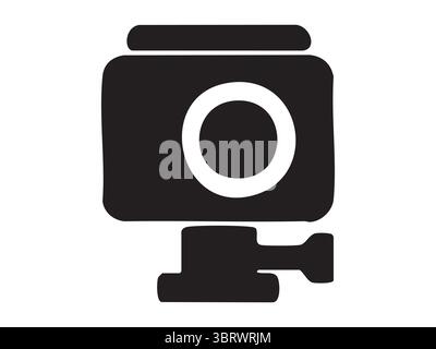 Black silhouette of action camera with mounting bracket isolated on white background, illustration. Concept of outdoor video recording, compact filmin Stock Vector