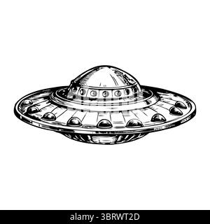 A detailed illustration of a classic flying saucer, featuring a domed top and circular base with multiple lights around the edge. The design is retro Stock Vector